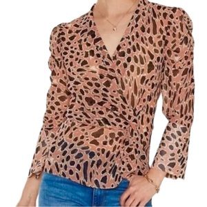 J.O.A. top shirt animal print orange black vneck peplum faux wrap sheer M